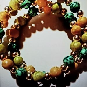BRACELET - 3 Wrap Green/Gold/Yellow Beaded Bracelet